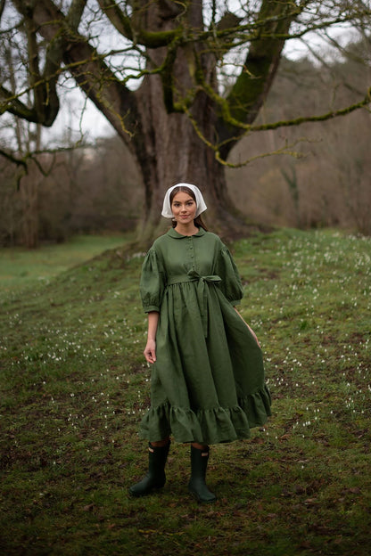 Meg Oversized linen Dress with 3/4 sleeves, grass green linen dress