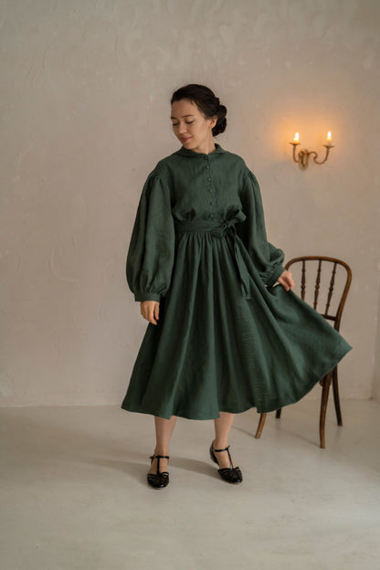 Meg linen Dress with long sleeves, forest green linen