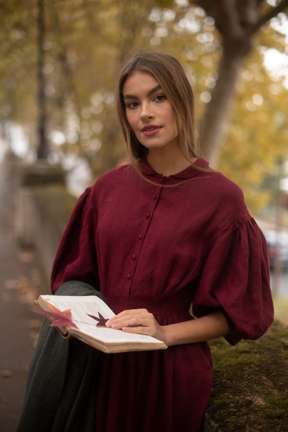 Meg linen Dress with 3/4 sleeves, burgundy color linen 