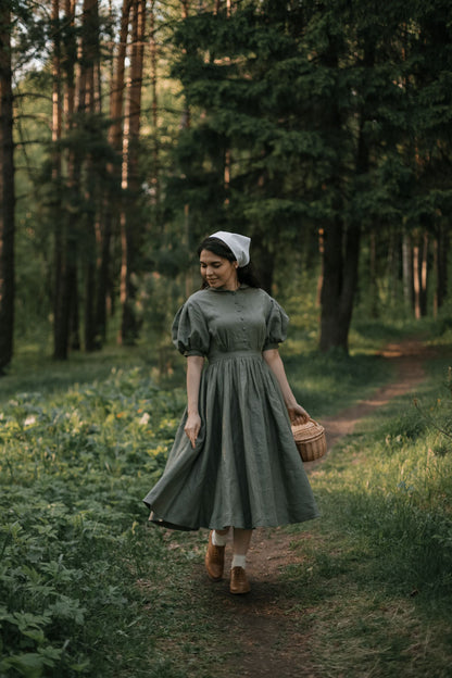 Meg linen Dress with short sleeves, sage green linen dress