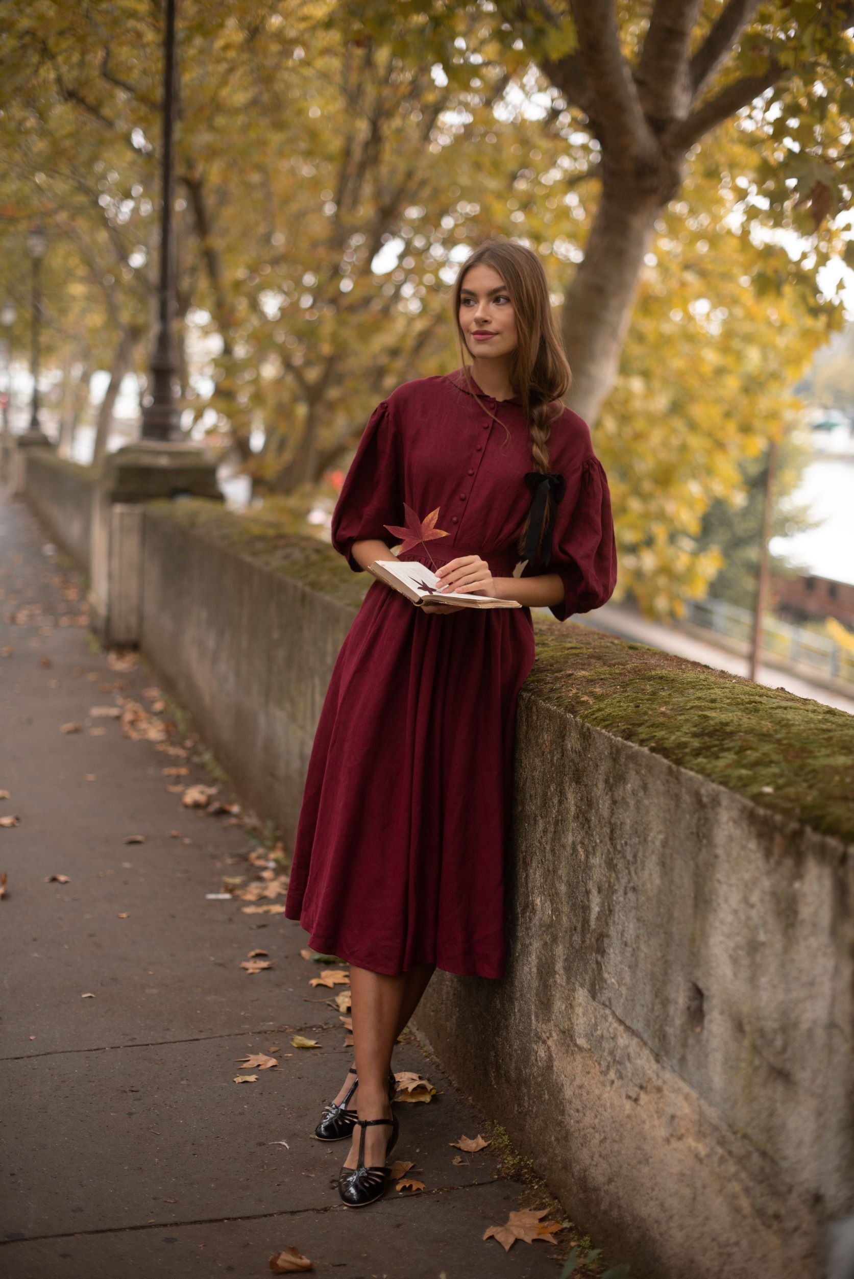 Wedding Guest dress, Linen dress Midi Dress with 3/4 deals Designer sleeve, Washed and soft linen dress with buttons, Christmas Gift, Gift for her