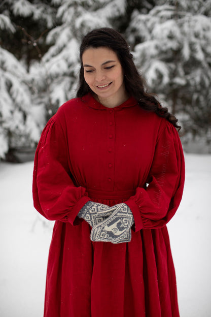 Meg linen Dress with long sleeves, red linen