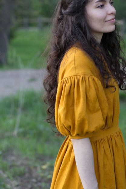 Meg linen Dress with short sleeves, mustard color linen dress