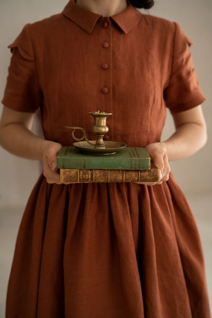 Jo linen Dress with short sleeves, rust color linen