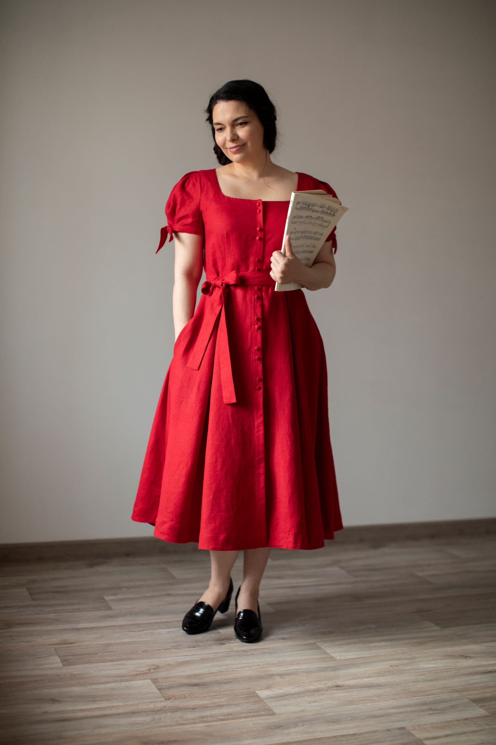 cherry red linen dress Sunshower Flowy Linen Blend Dress - / Ruby Red- SizeXS